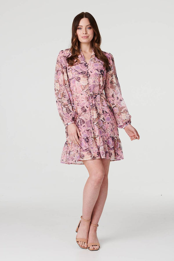 Pink | Floral Long Puff Sleeve Shirt Dress