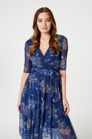 Navy | Floral Wrap Hanky Hem Dress