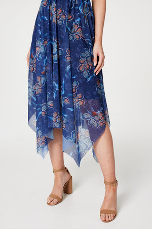 Navy | Floral Wrap Hanky Hem Dress