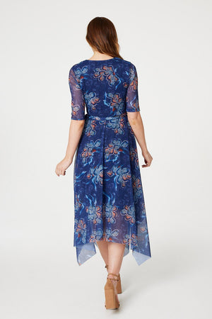 Navy | Floral Wrap Hanky Hem Dress