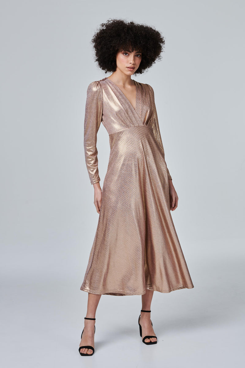 Gold | Metallic Long Sleeve Maxi Dress