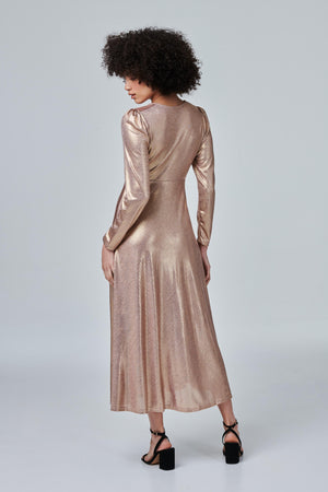 Gold | Metallic Long Sleeve Maxi Dress