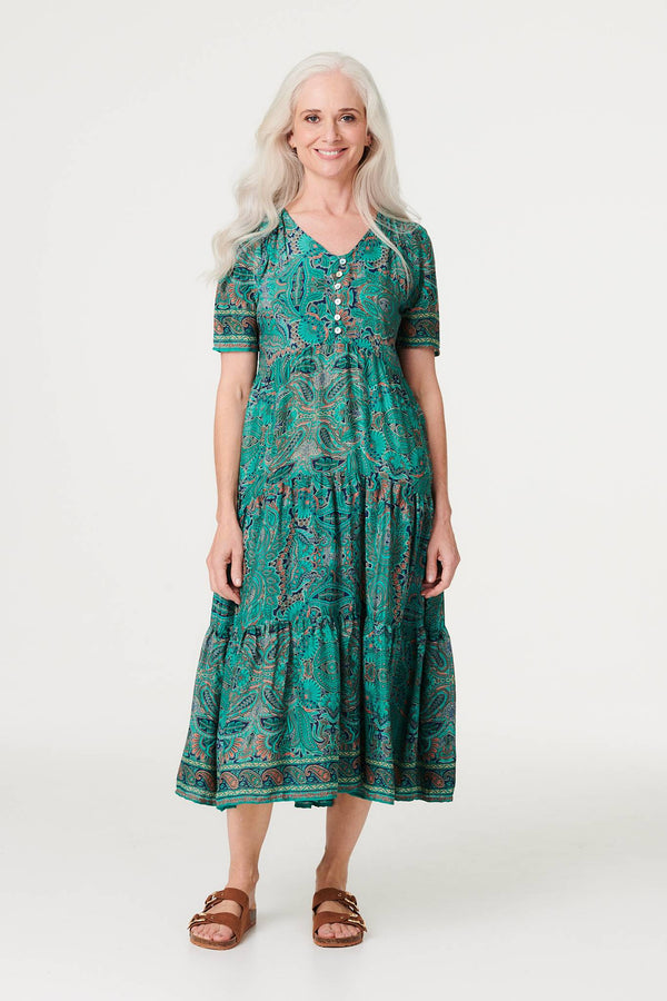 Green | Paisley Short Sleeve Smock Dress