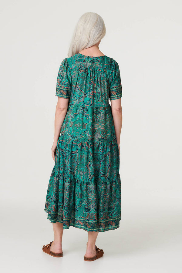Green | Paisley Short Sleeve Smock Dress