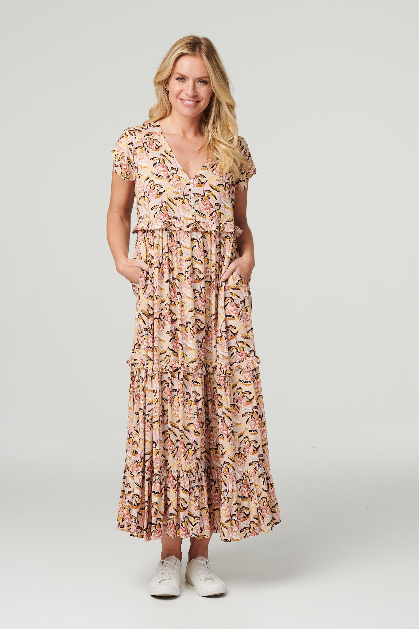 Beige | Floral Frill Sleeve Smock Dress