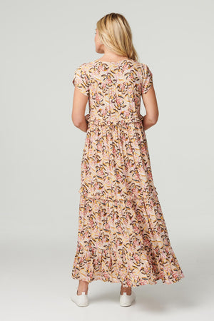 Beige | Floral Frill Sleeve Smock Dress