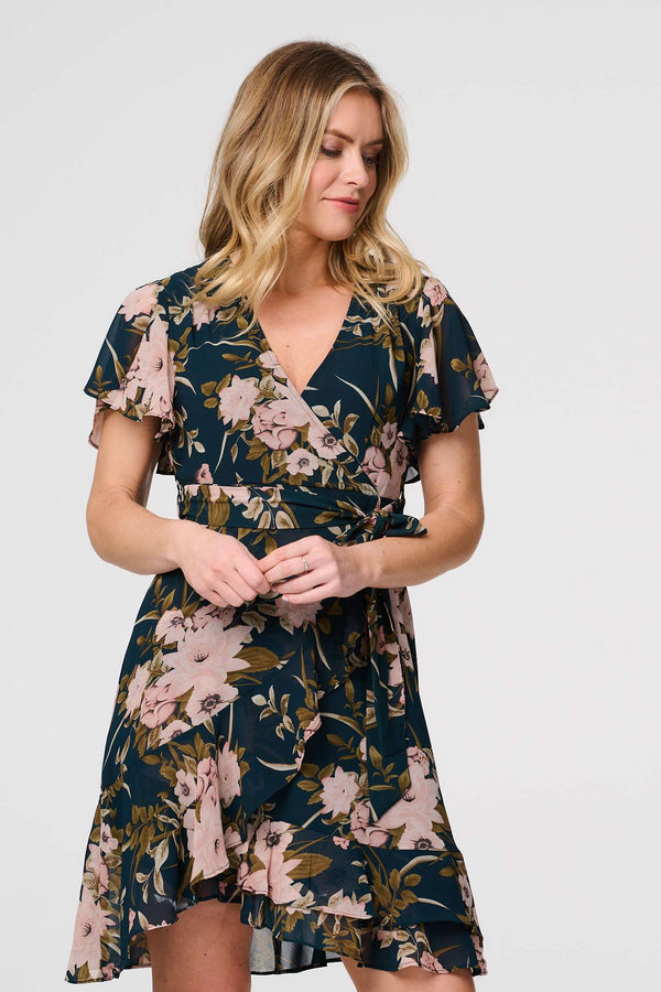 Green | Floral Flare Sleeve Short Wrap Dress