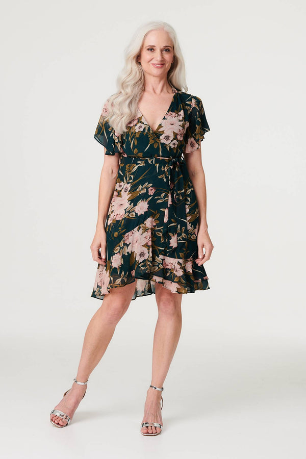 Green | Floral Flare Sleeve Short Wrap Dress