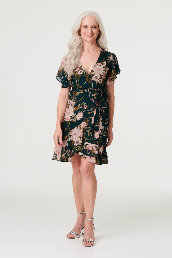 Green | Floral Flare Sleeve Short Wrap Dress