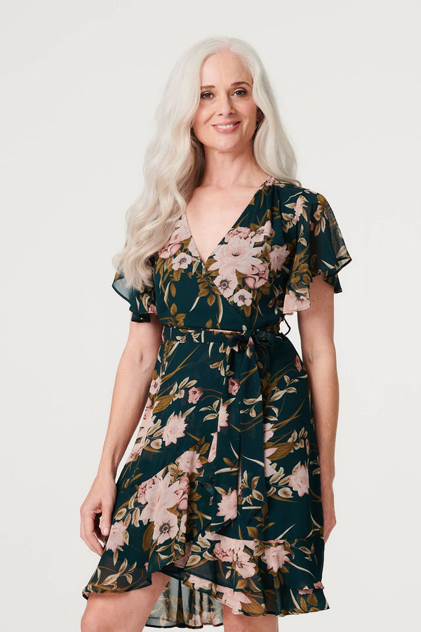 Green | Floral Flare Sleeve Short Wrap Dress :  Model is 5'8.5"/174 cm and wears UK8/EU36/US4/AUS8