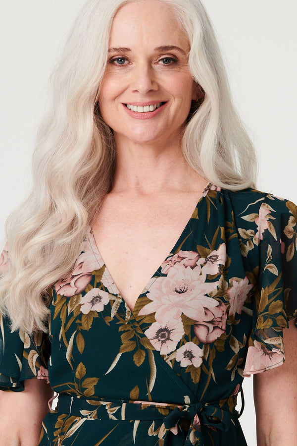 Green | Floral Flare Sleeve Short Wrap Dress