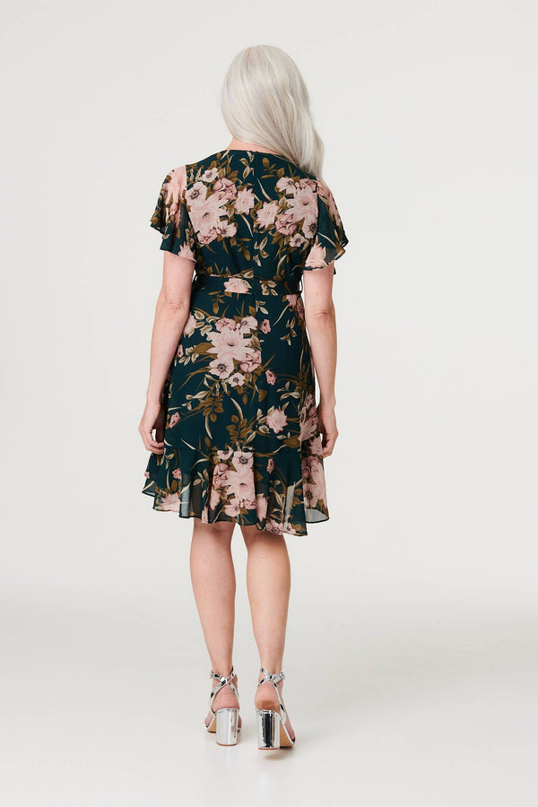Green | Floral Flare Sleeve Short Wrap Dress