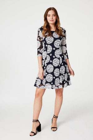Navy | Mosaic Print Lace Skater Dress