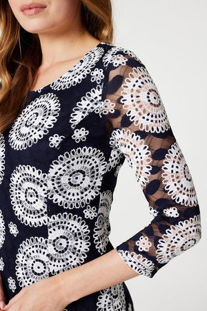Navy | Mosaic Print Lace Skater Dress