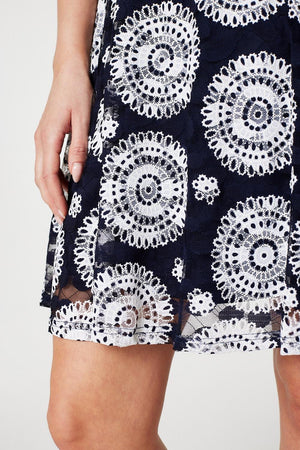 Navy | Mosaic Print Lace Skater Dress