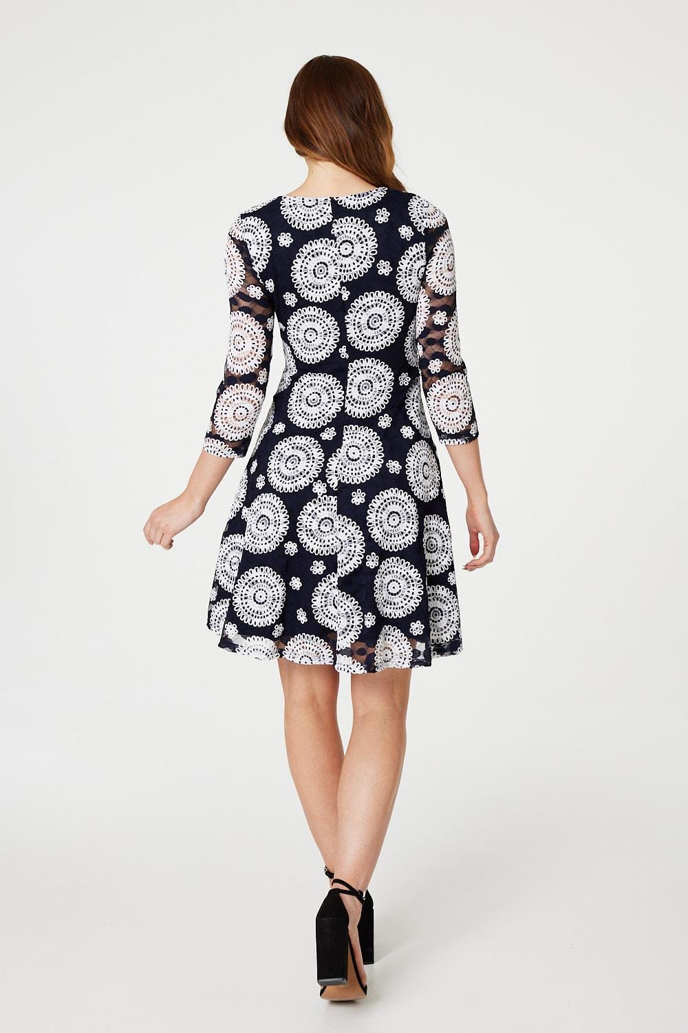 Navy | Mosaic Print Lace Skater Dress