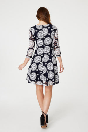Navy | Mosaic Print Lace Skater Dress