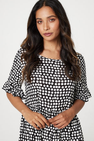 Black | Polka Dot Flute Sleeve Midi Dress