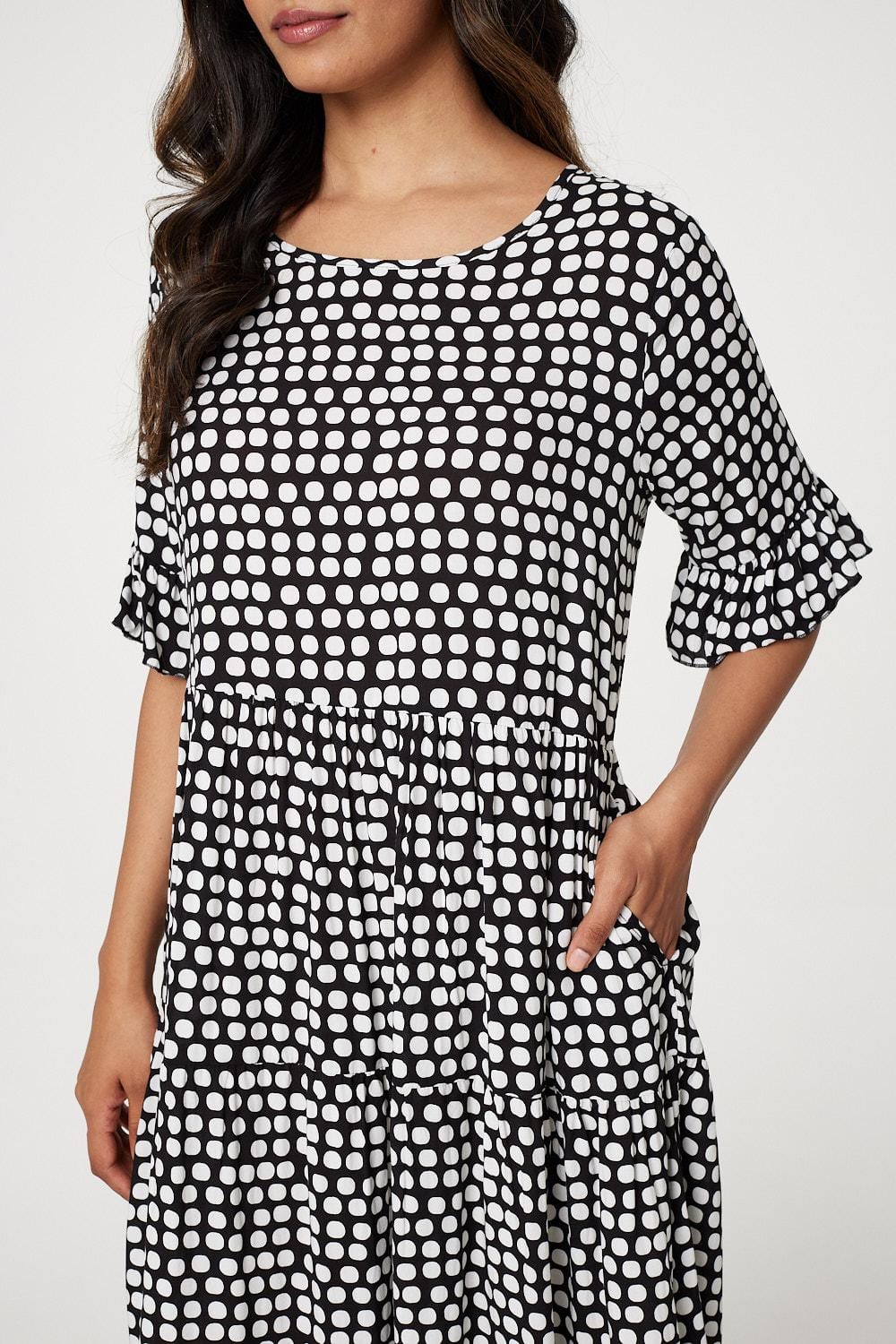 Black | Polka Dot Flute Sleeve Midi Dress