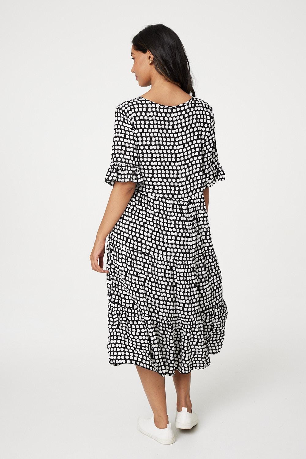 Black | Polka Dot Flute Sleeve Midi Dress
