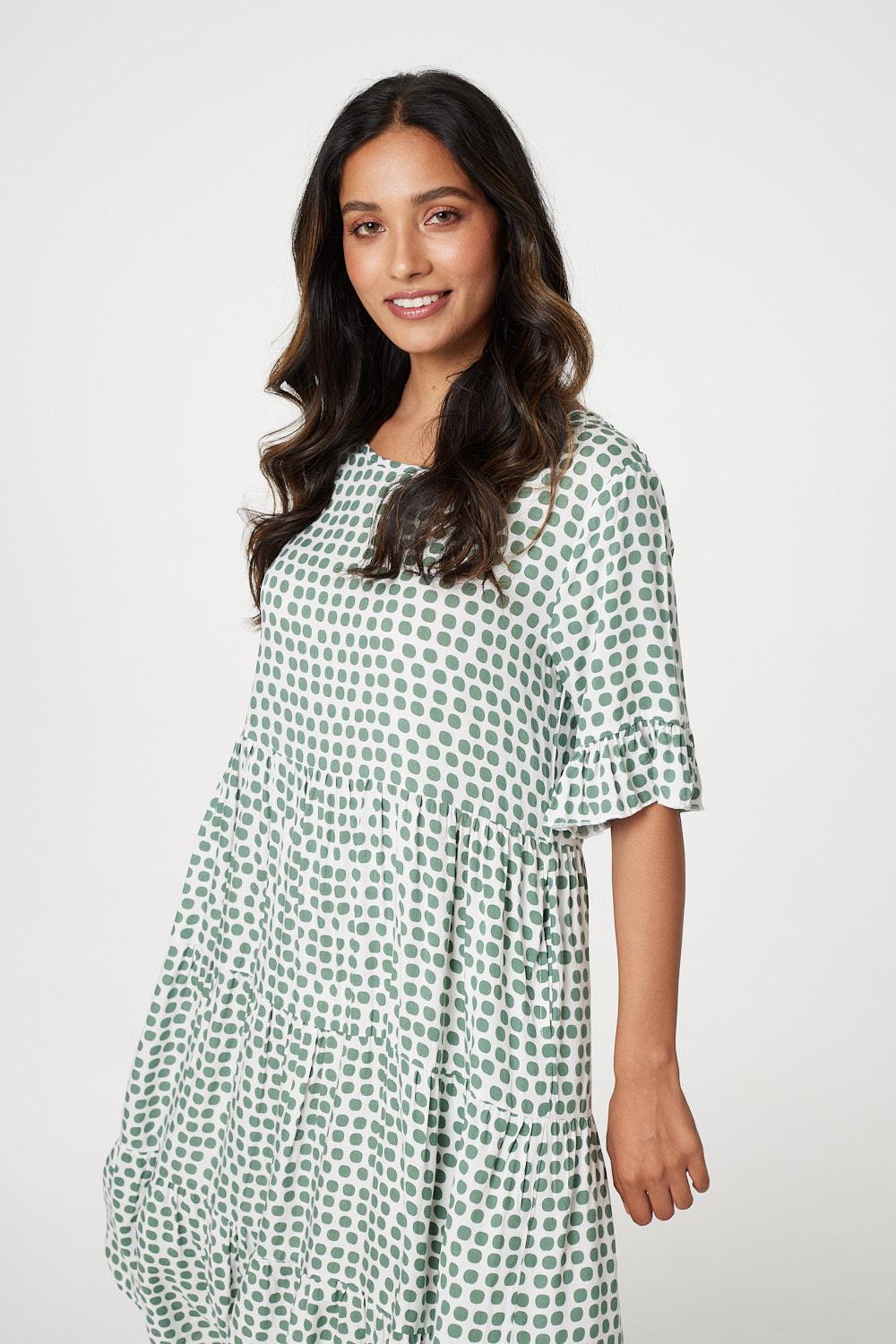 Sage | Polka Dot Flute Sleeve Midi Dress