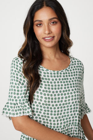 Sage | Polka Dot Flute Sleeve Midi Dress