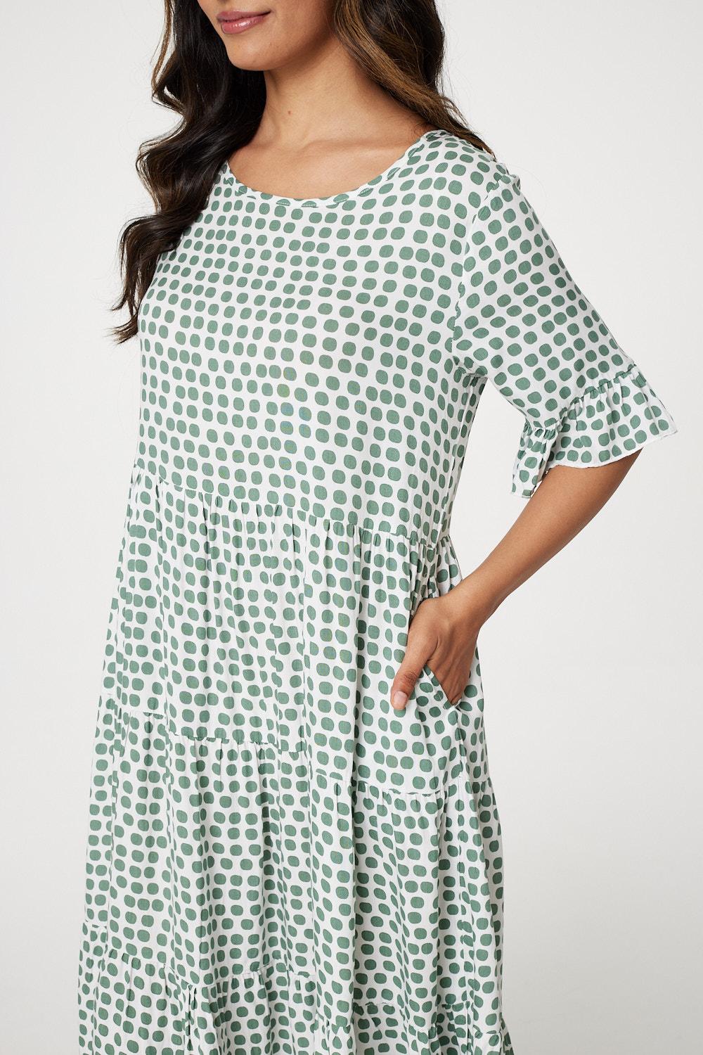 Sage | Polka Dot Flute Sleeve Midi Dress