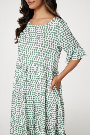 Sage | Polka Dot Flute Sleeve Midi Dress