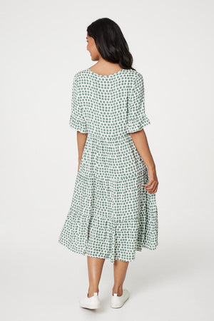 Sage | Polka Dot Flute Sleeve Midi Dress