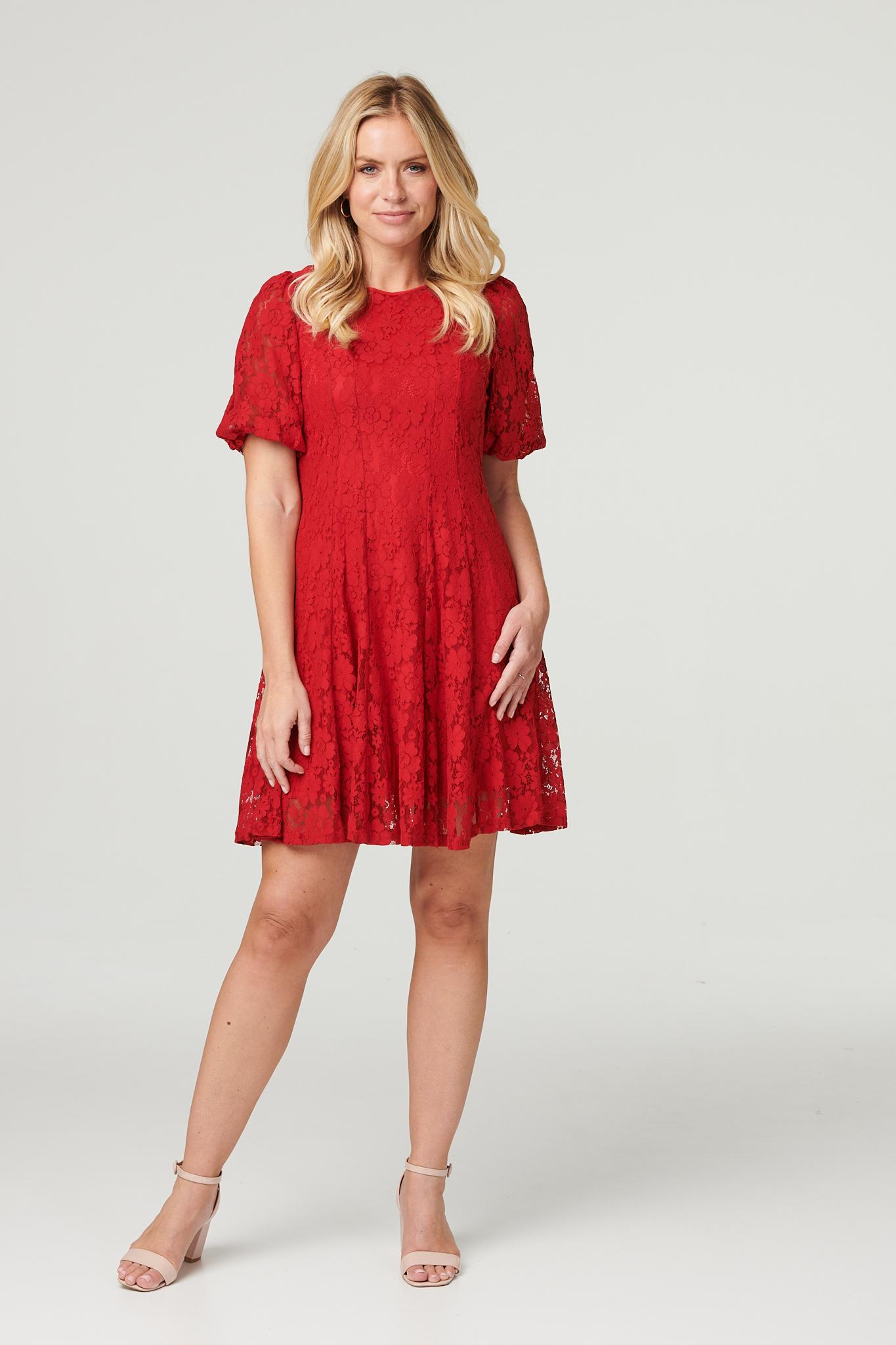 Red | Lace Puff Sleeve Mini Dress
