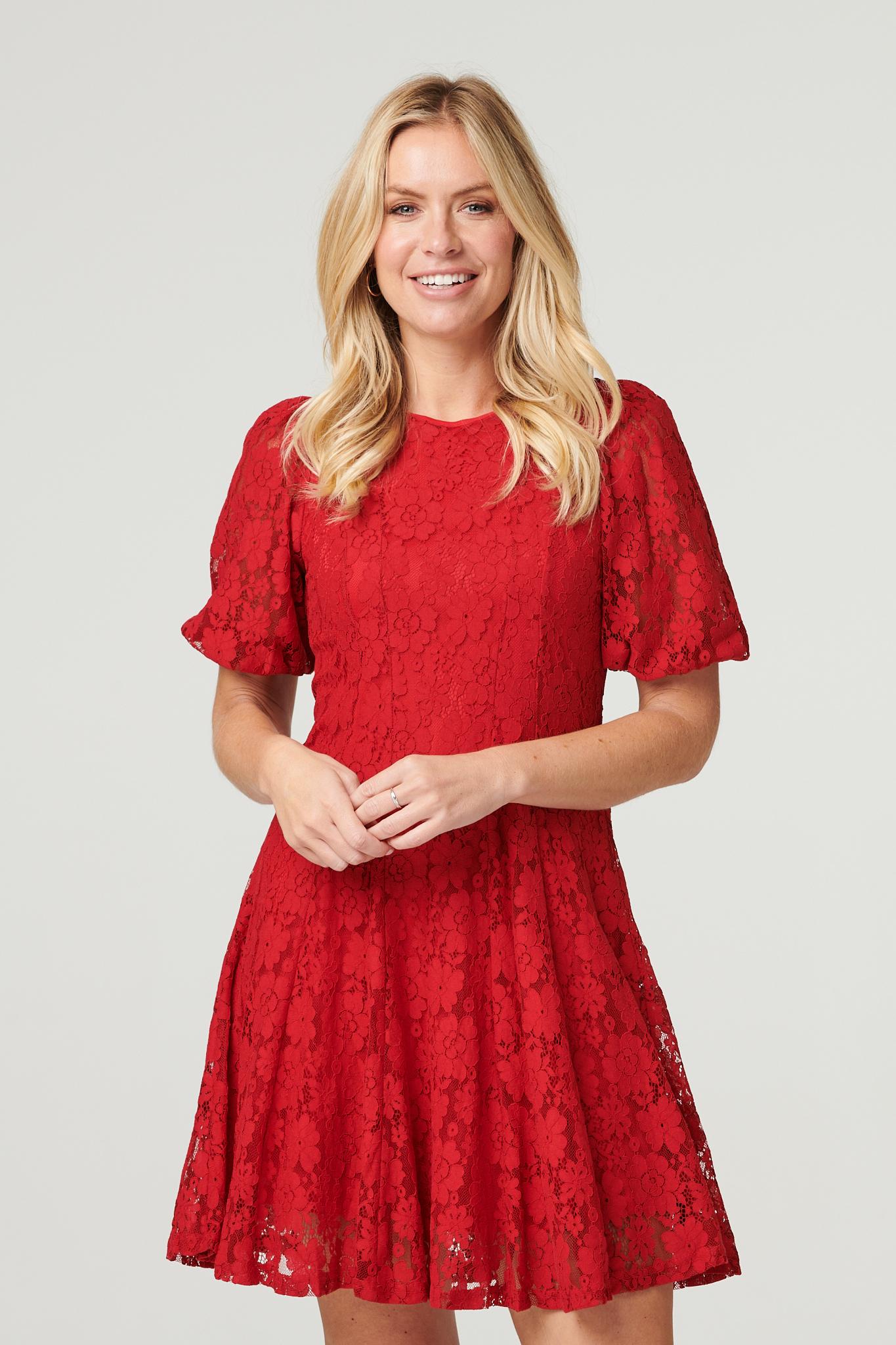Red | Lace Puff Sleeve Mini Dress