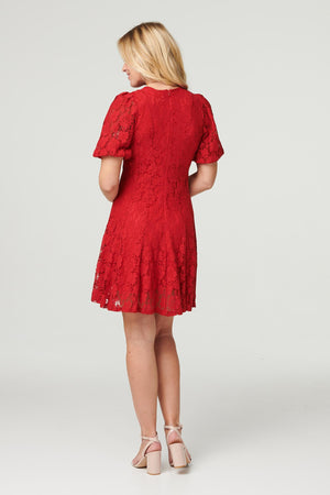 Red | Lace Puff Sleeve Mini Dress