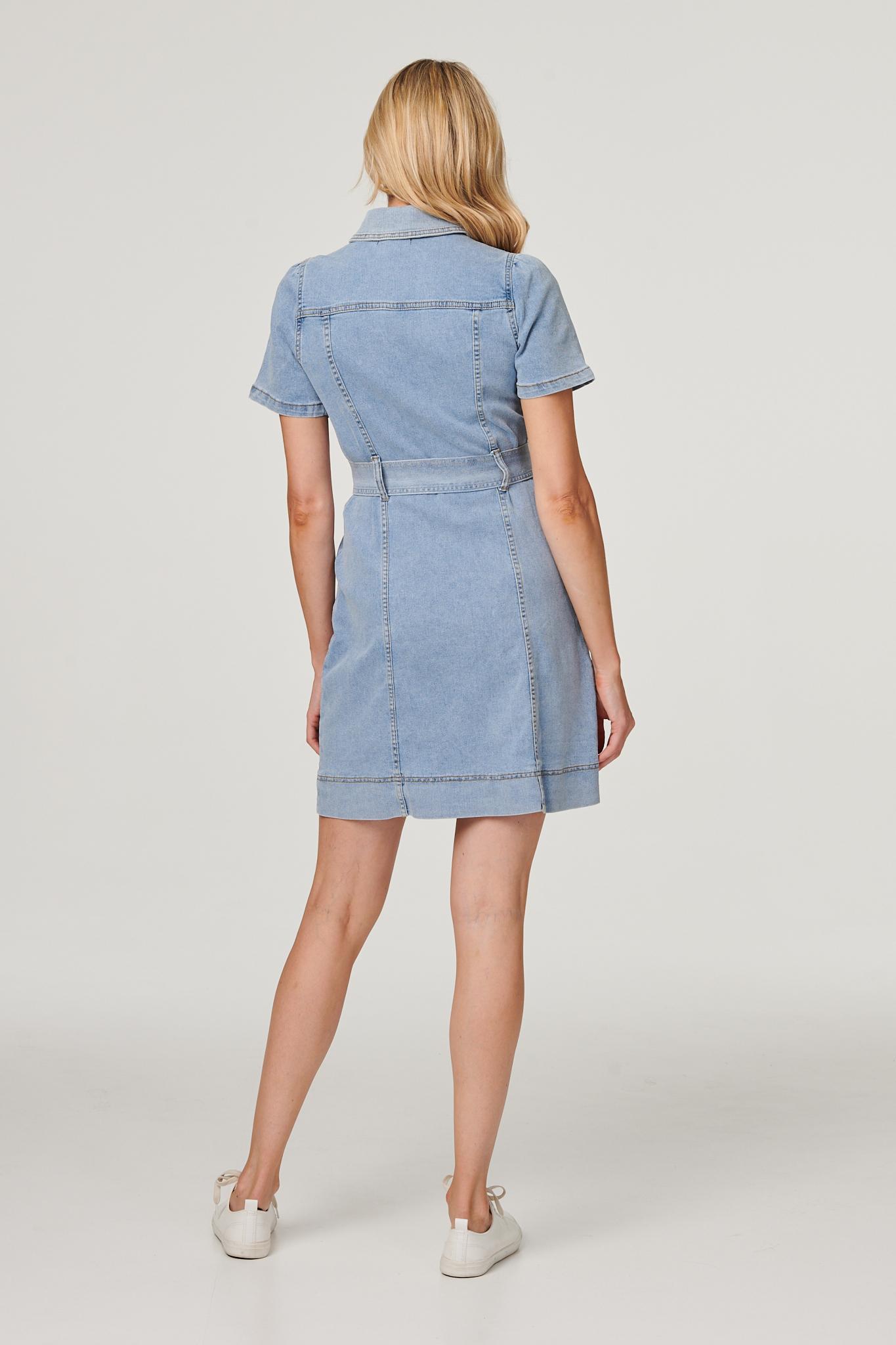 Blue | Denim Tie Waist Short Shirt Dress