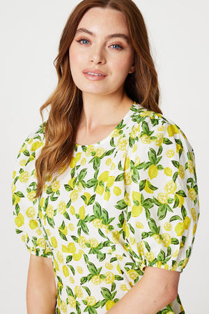 Yellow | Lemon Print Puff Sleeve Midi Dress