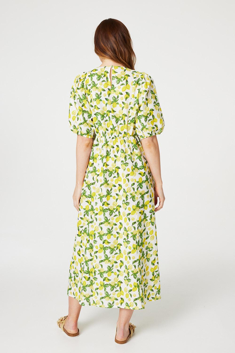 Yellow | Lemon Print Puff Sleeve Midi Dress