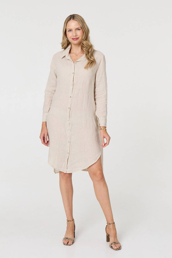 Beige | Long Sleeve Split Hem Maxi Shirt Dress
