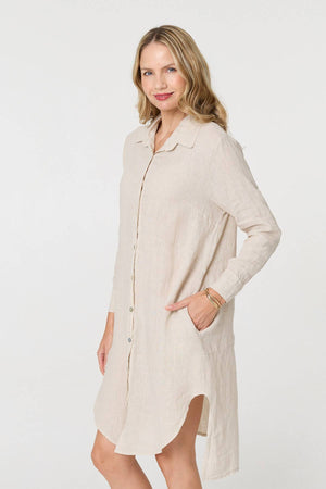 Beige | Long Sleeve Split Hem Maxi Shirt Dress
