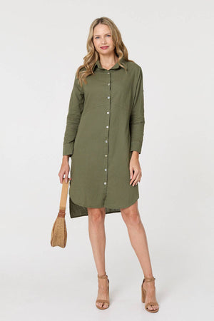 Khaki | Long Sleeve Split Hem Maxi Shirt Dress
