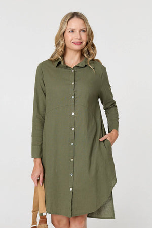 Khaki | Long Sleeve Split Hem Maxi Shirt Dress
