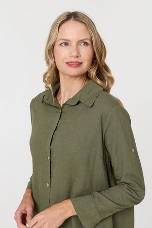 Khaki | Long Sleeve Split Hem Maxi Shirt Dress
