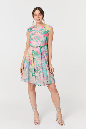 Green | Printed Sleeveless Short Skater Dress
