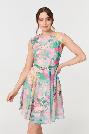 Green | Printed Sleeveless Short Skater Dress
