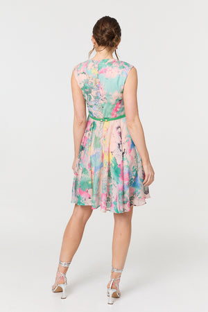Green | Printed Sleeveless Short Skater Dress
