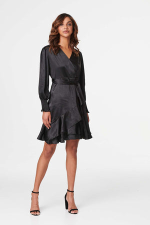 Black | Satin Frill Detail Wrap Dress