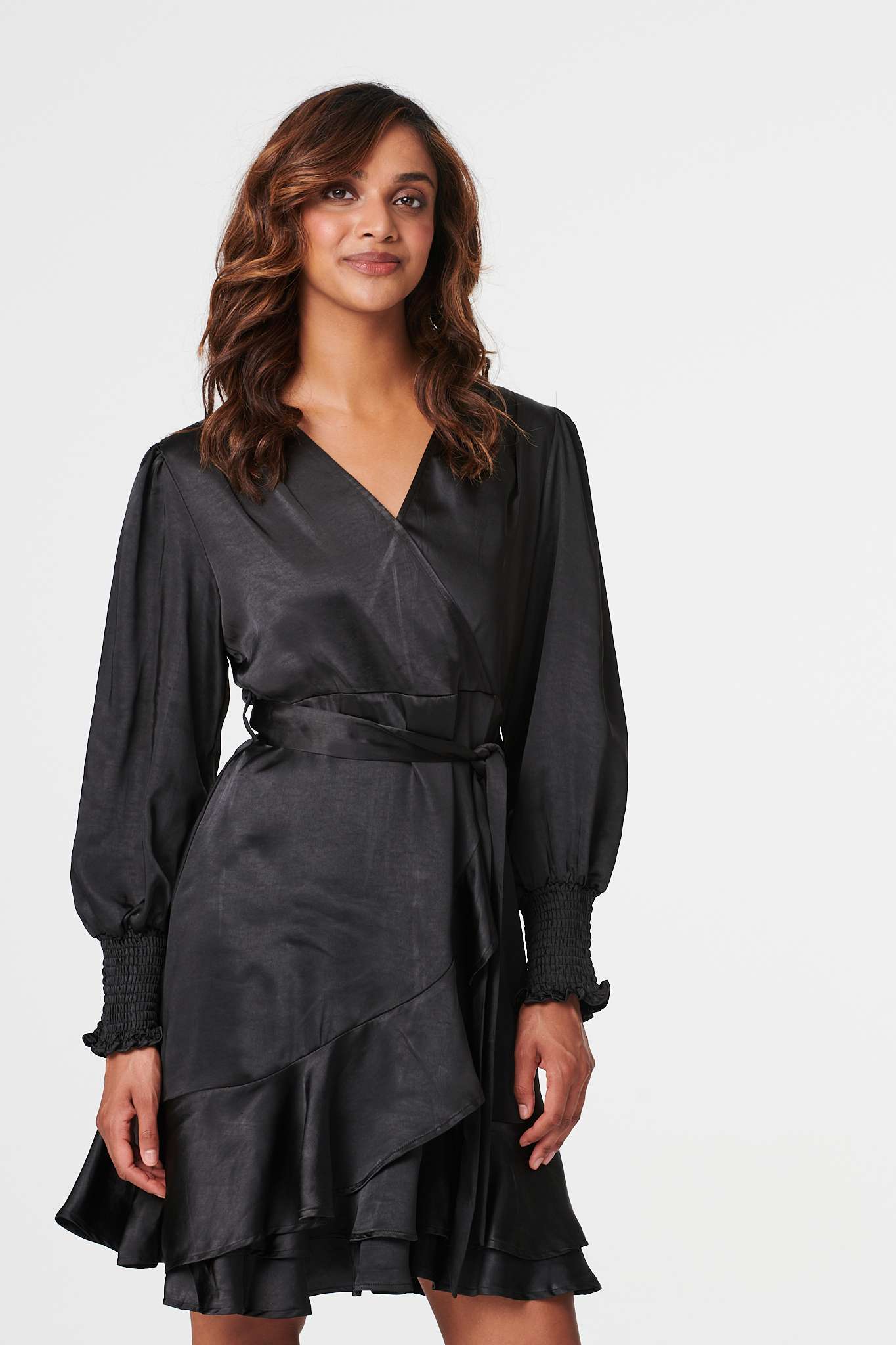 Black | Satin Frill Detail Wrap Dress : Model is 5'10"/178 cm and wears UK8/EU36/US4/AUS8