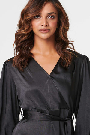 Black | Satin Frill Detail Wrap Dress