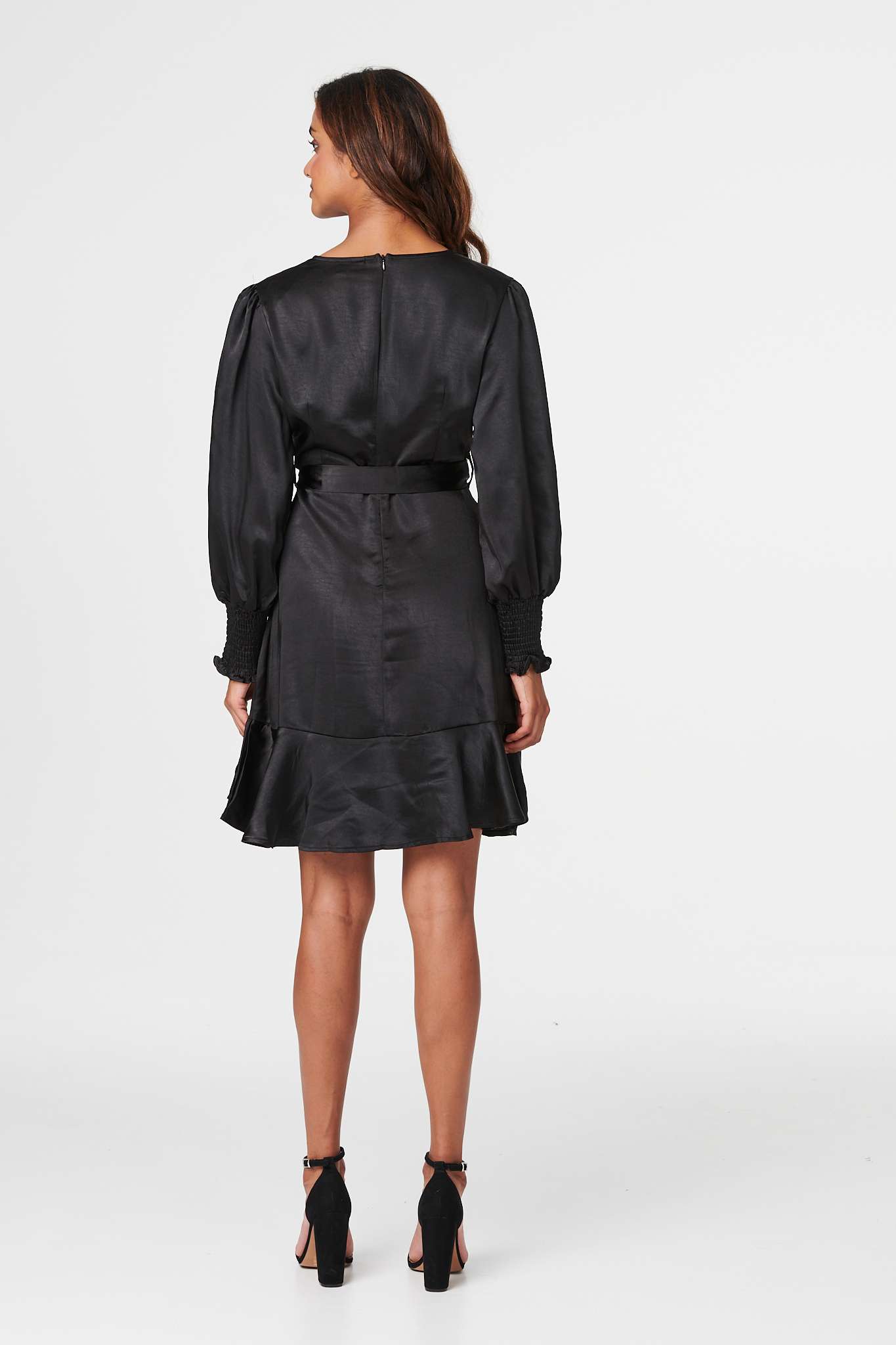 Black | Satin Frill Detail Wrap Dress