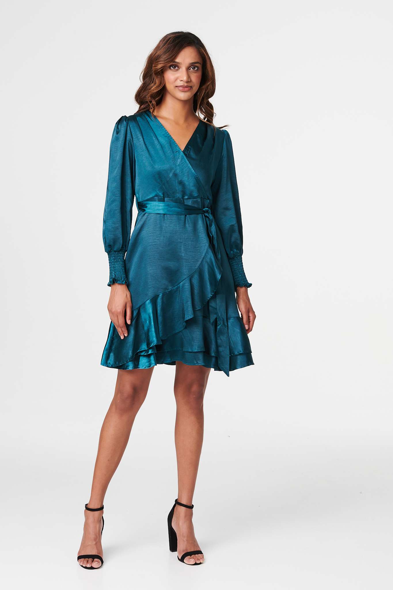 Teal | Satin Frill Detail Wrap Dress