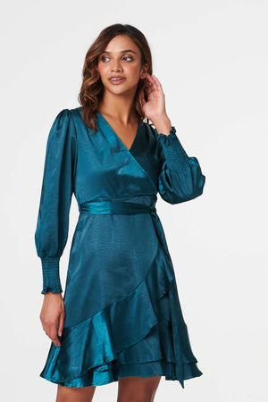 Teal | Satin Frill Detail Wrap Dress : Model is 5'10"/178 cm and wears UK8/EU36/US4/AUS8