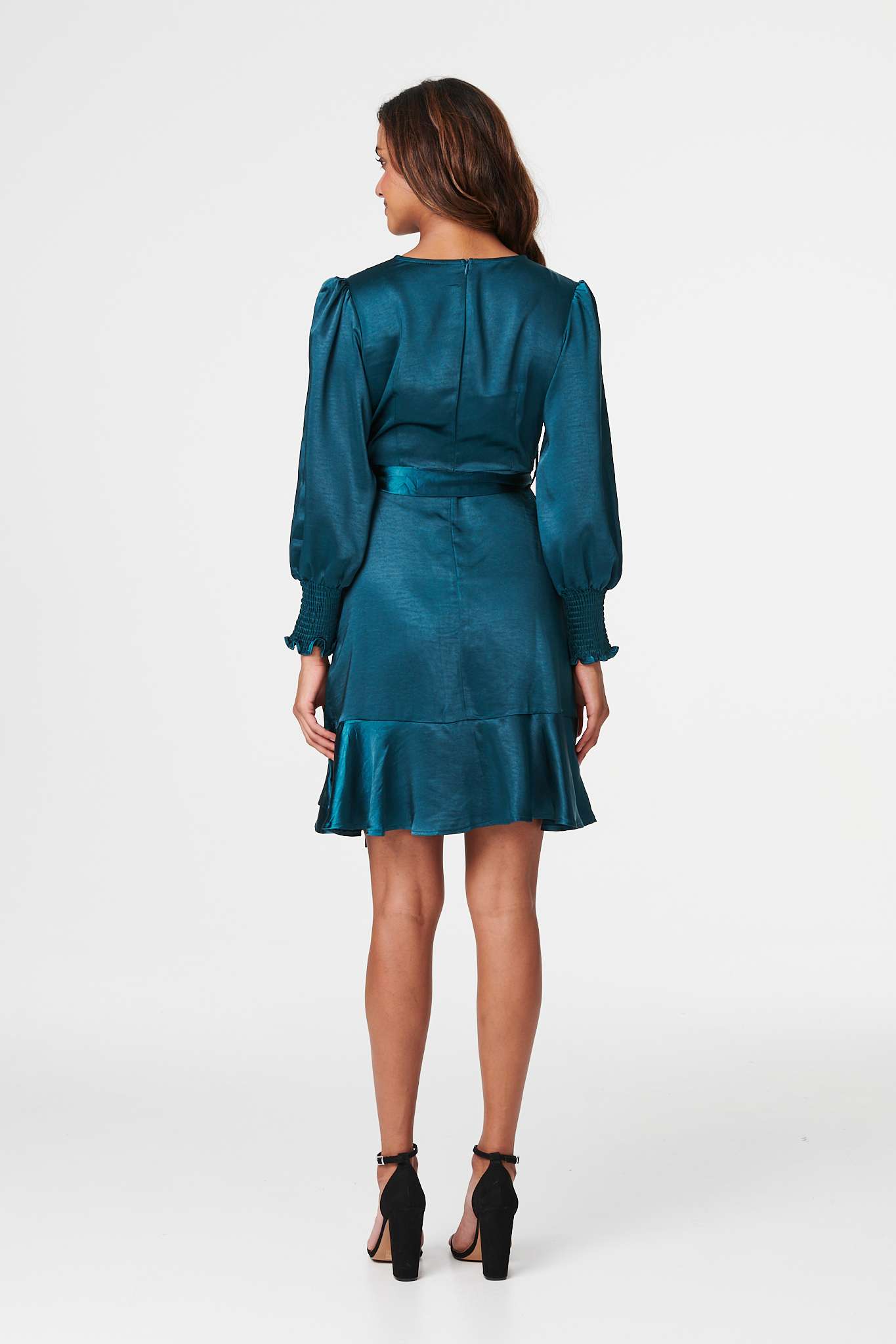 Teal | Satin Frill Detail Wrap Dress